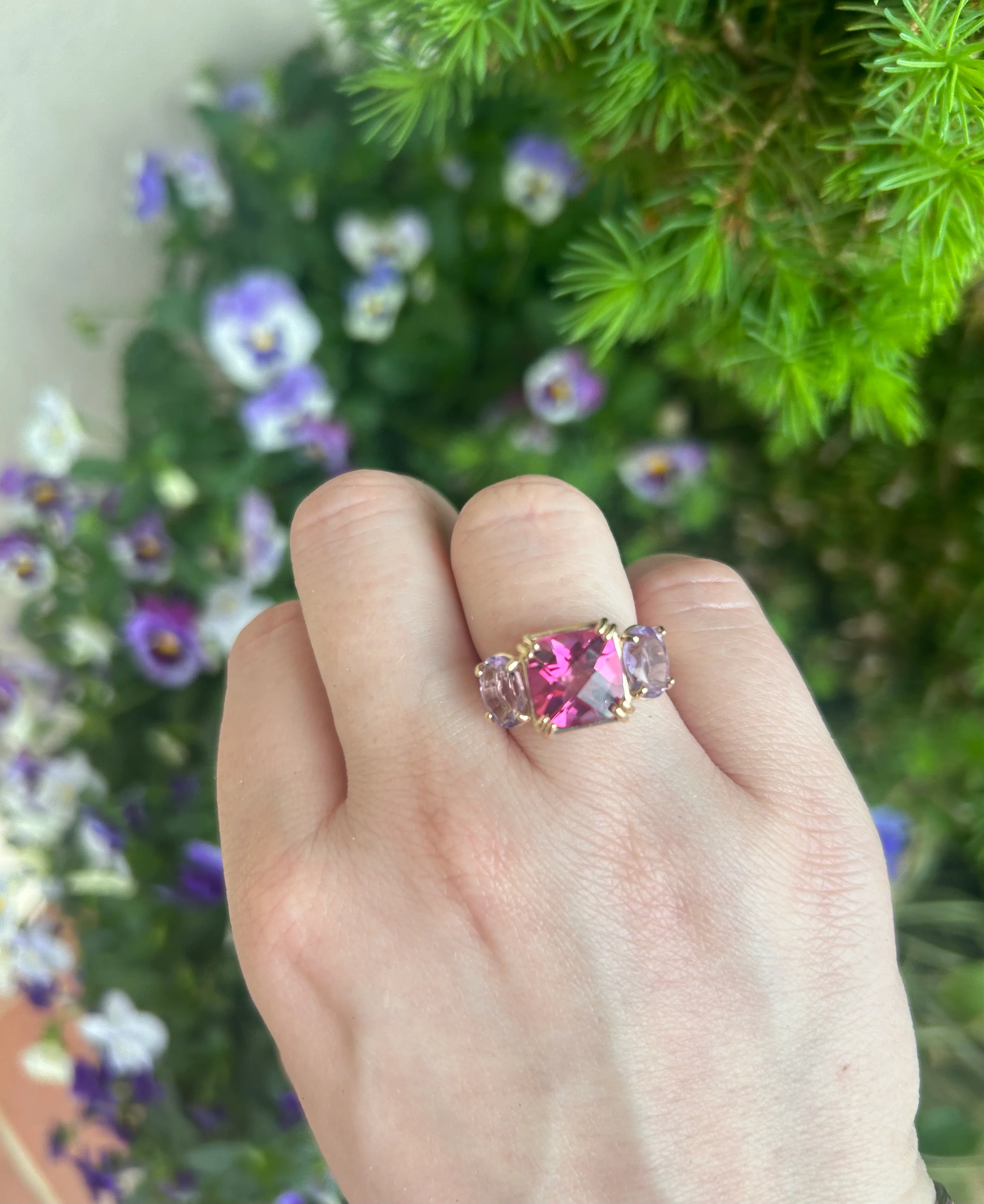 14kt 3 Stone Ring Pink Topaz & Lavender Amethyst - Image 3