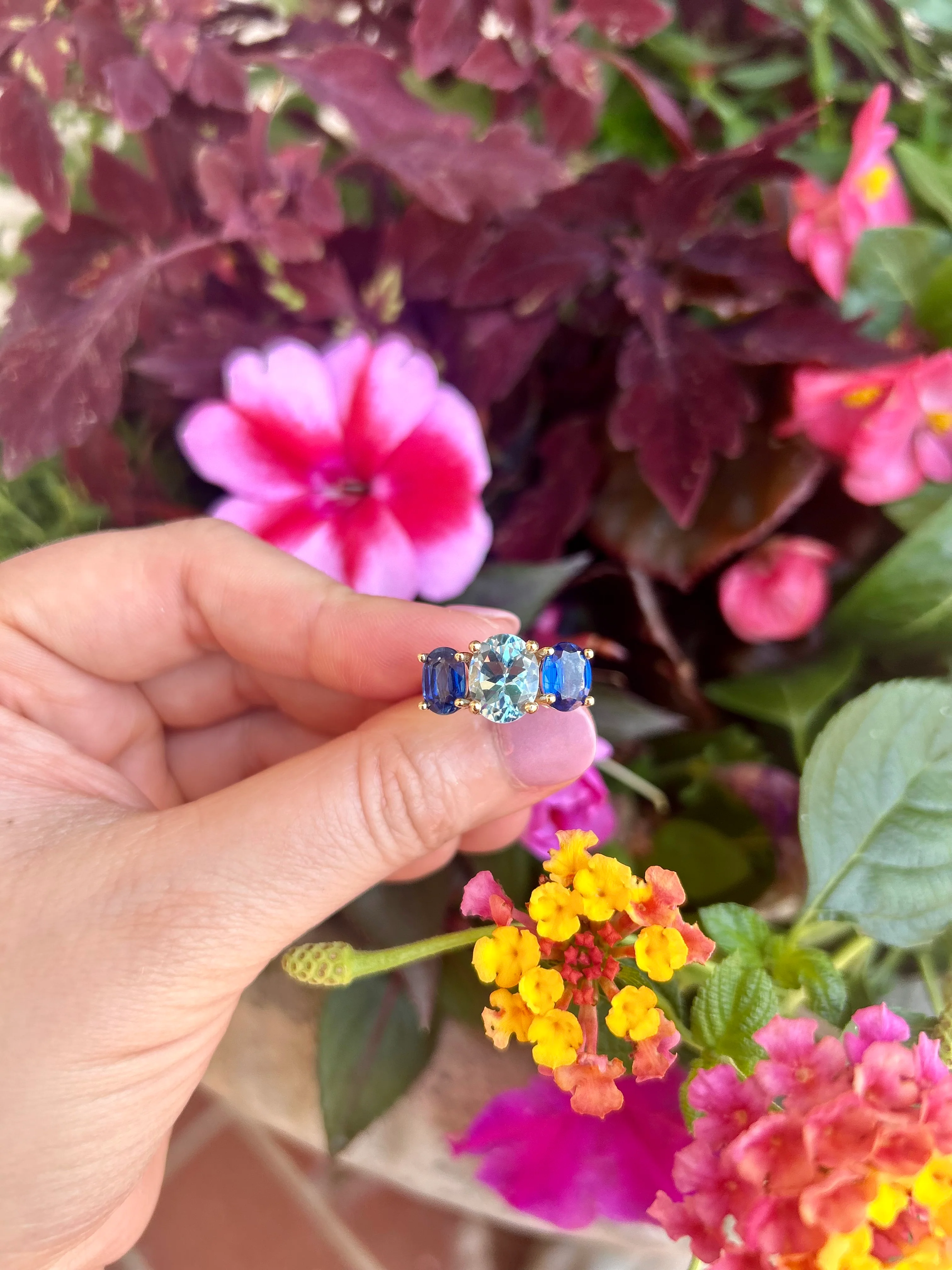 14kt 3 Stone Ring with Sky Blue Topaz & Kyanite - Image 3