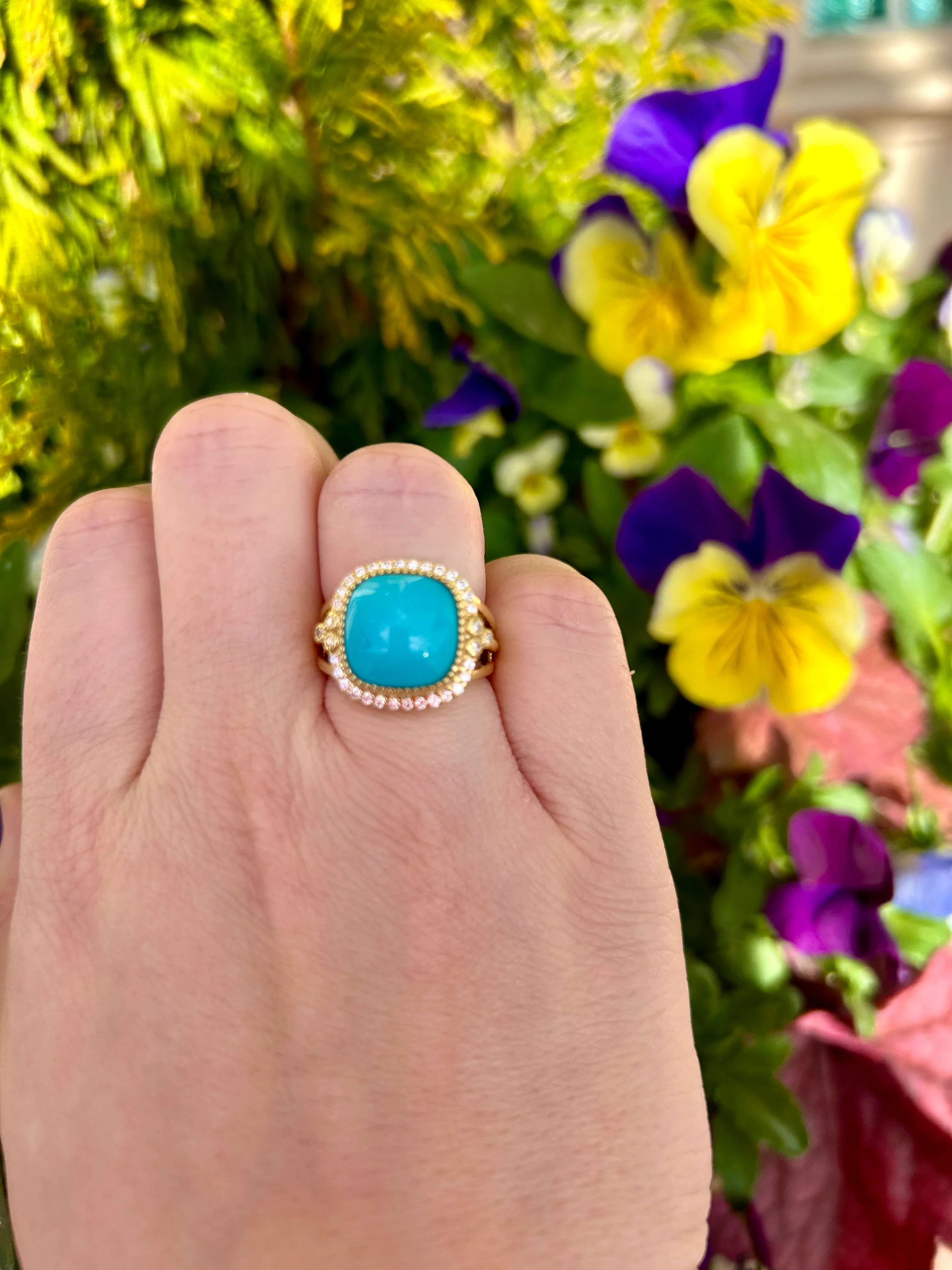 14kt Yellow Gold Cushion Turquoise .34pt Halo Diamond Ring - Image 2