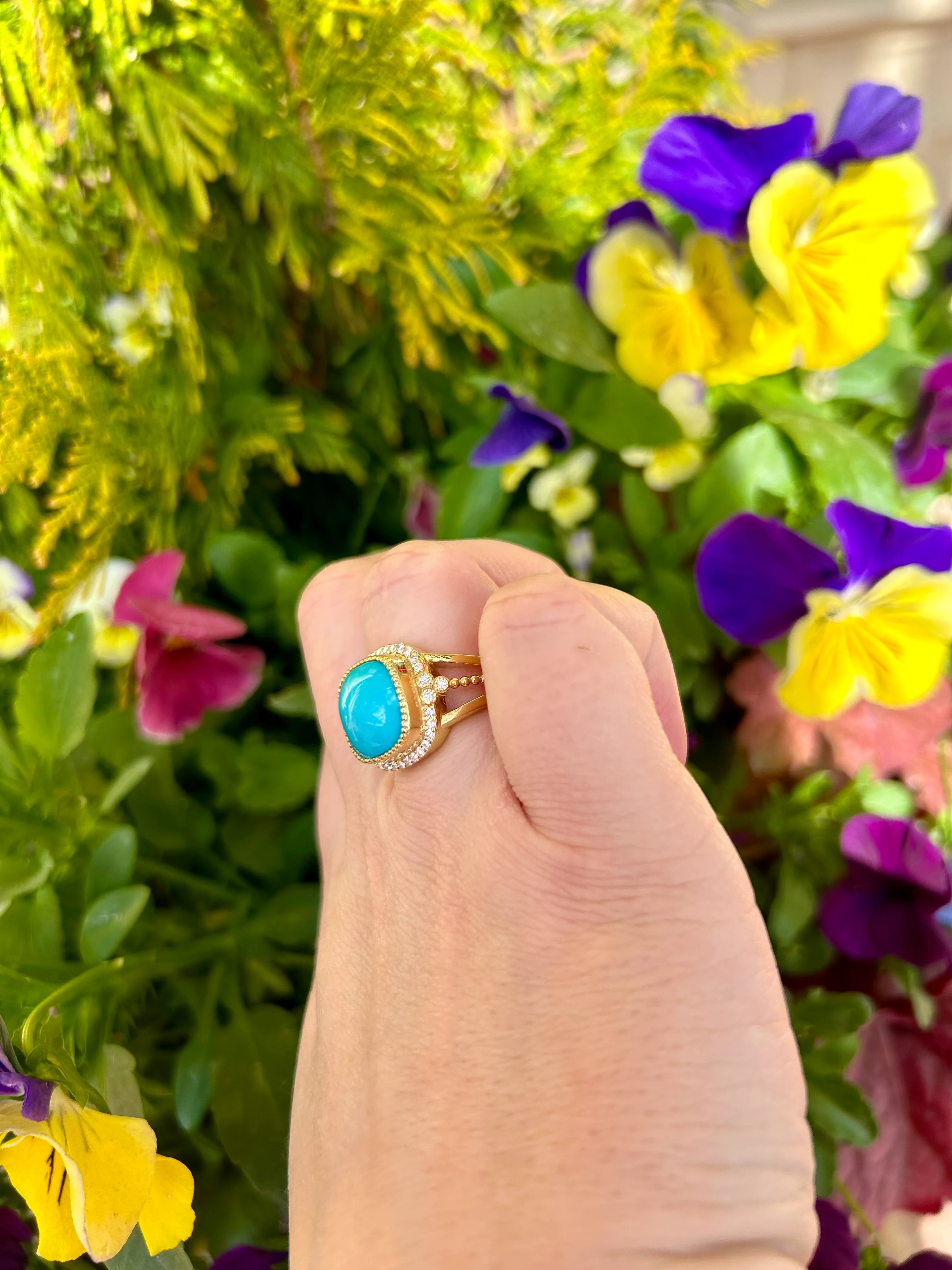 14kt Yellow Gold Cushion Turquoise .34pt Halo Diamond Ring - Image 4