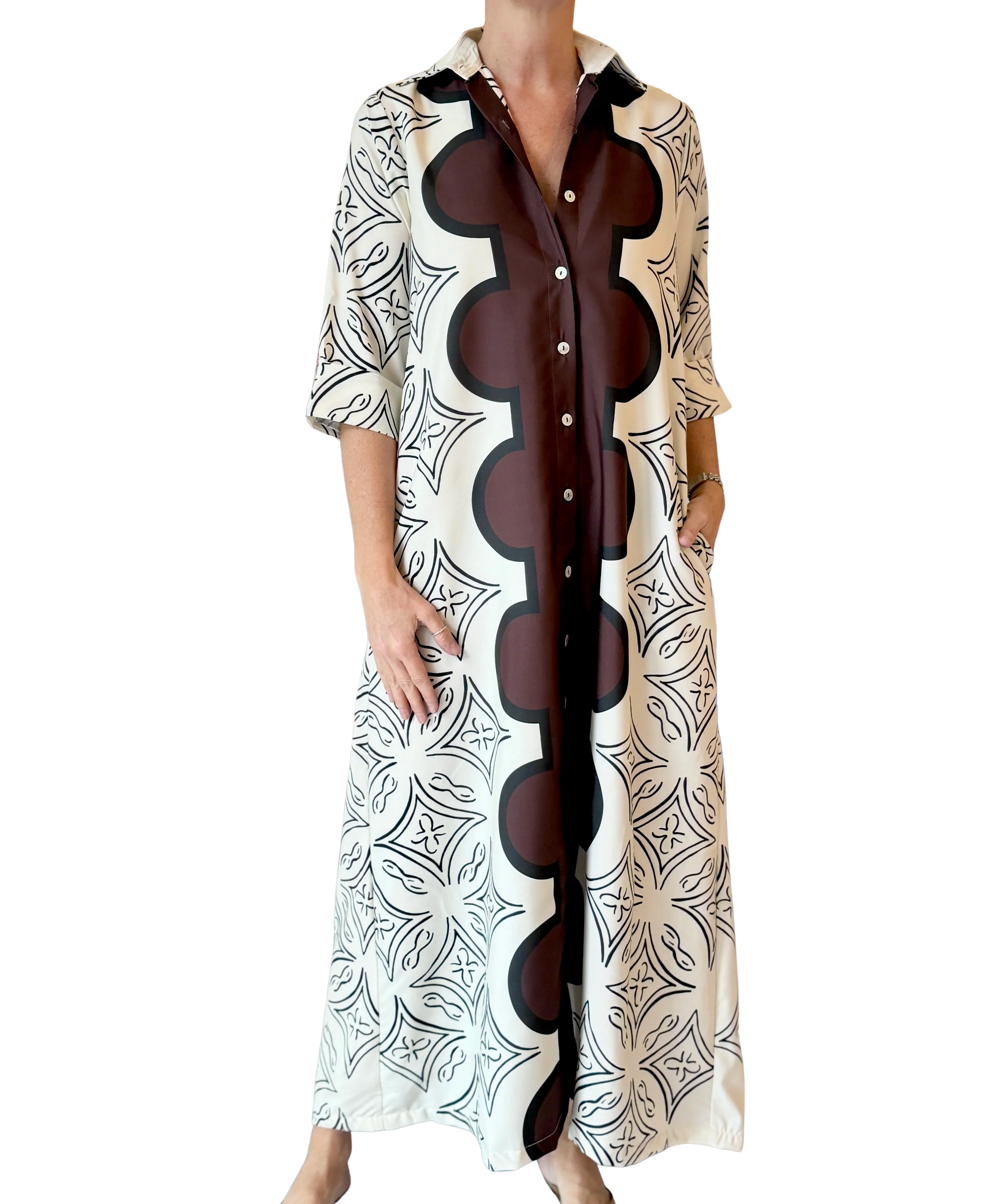 Monica Dress | Cream & Brown