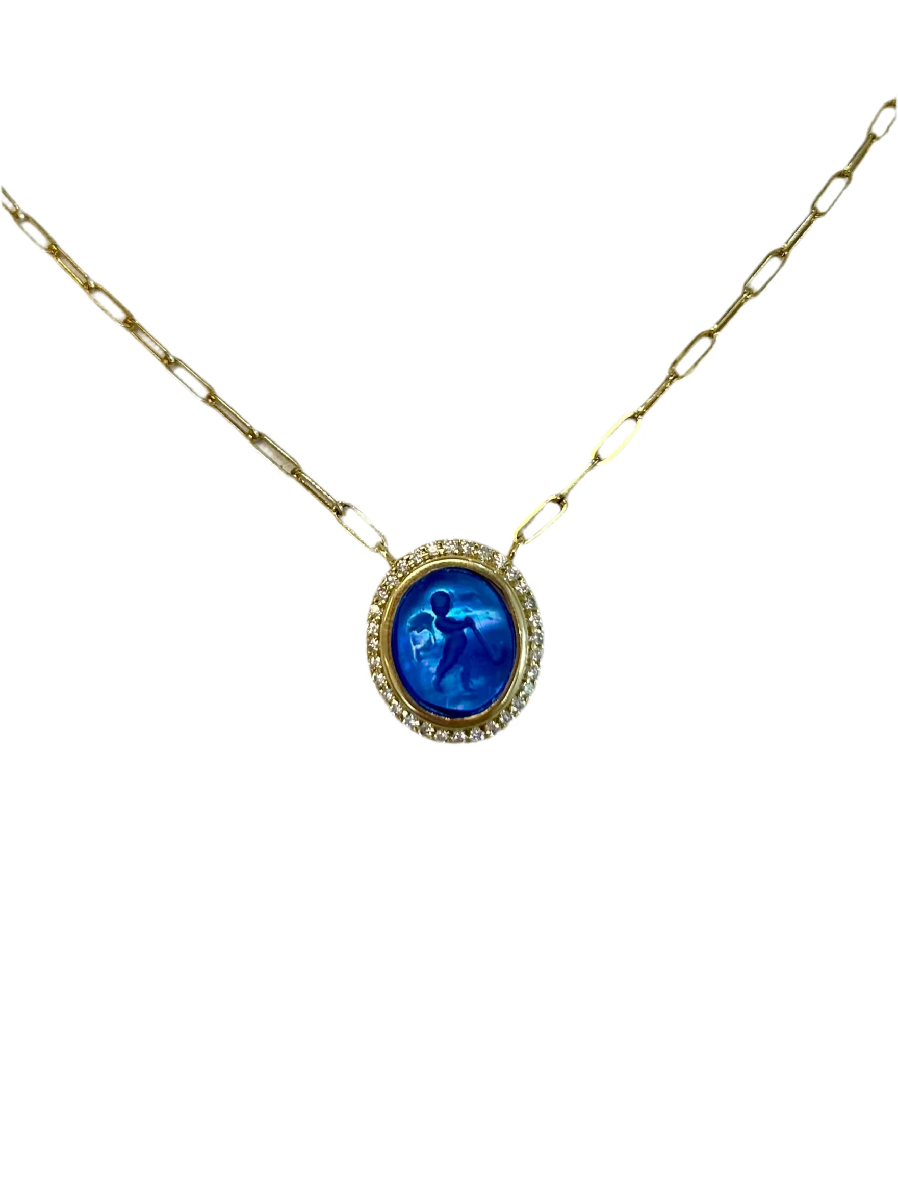 NZ7687 14kt Gold Bluino Venetian Glass Pendant with .3cts of Diamonds