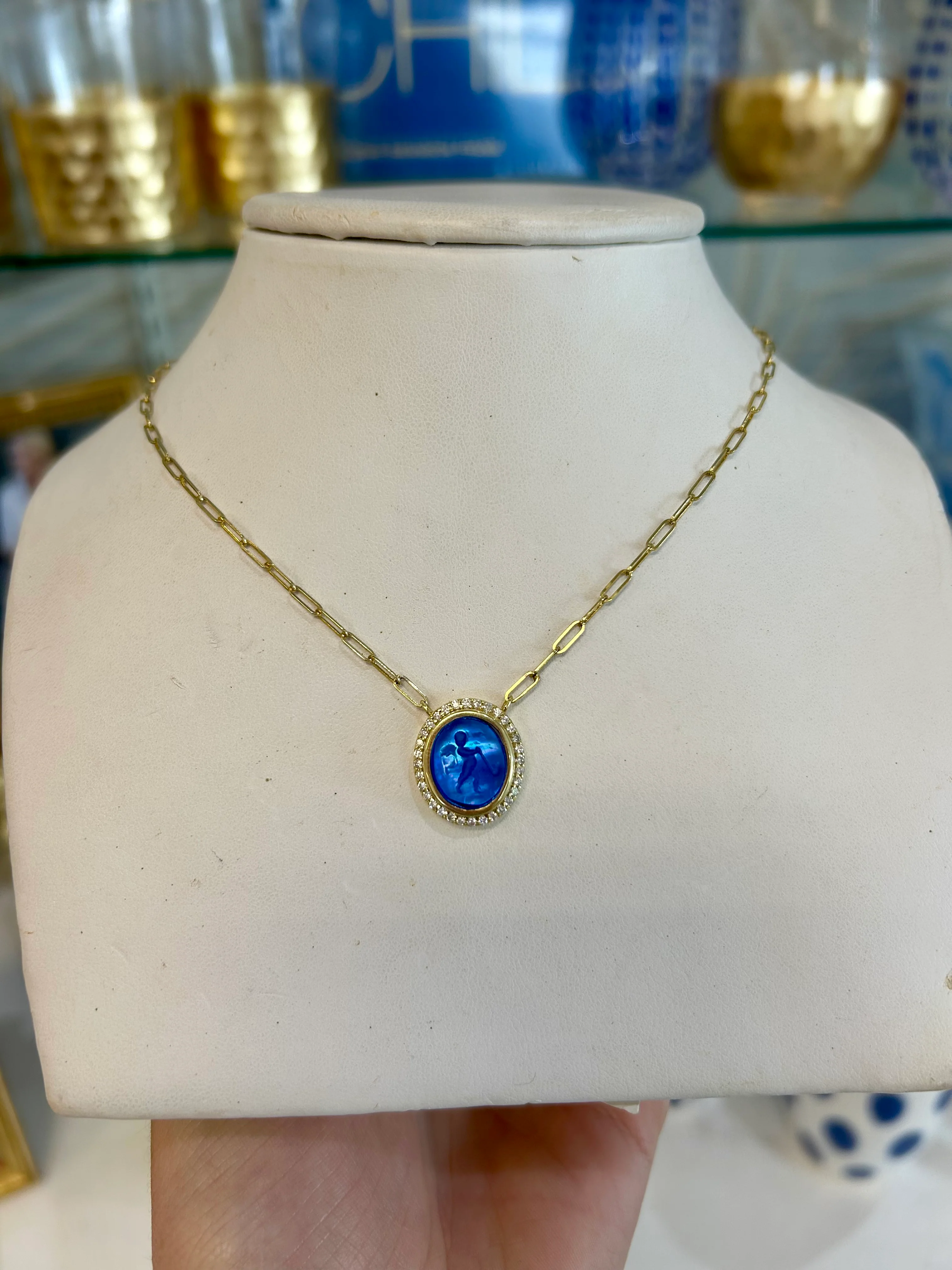NZ7687 14kt Gold Bluino Venetian Glass Pendant with .3cts of Diamonds - Image 2