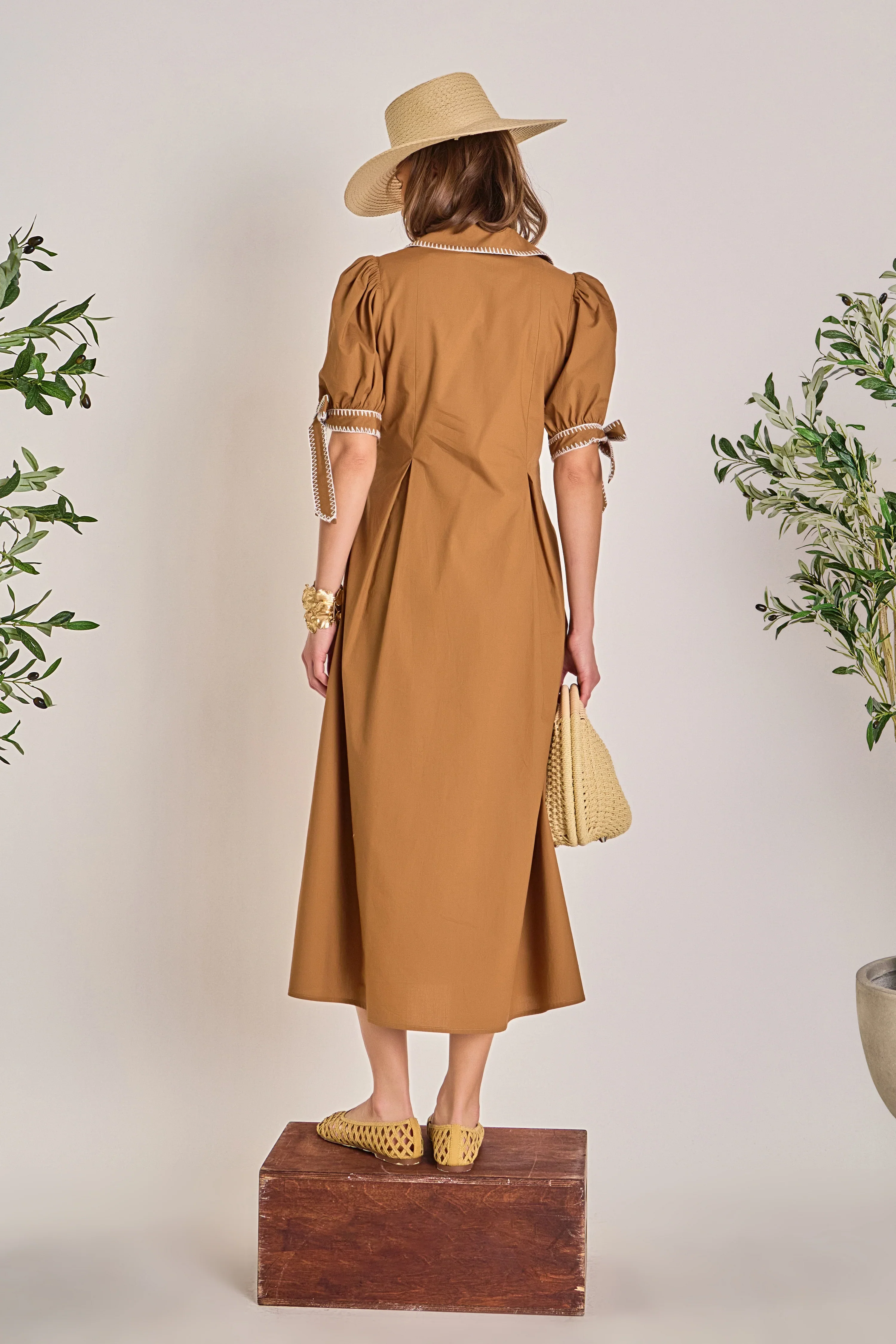 Stitched Detailed Midi Dress | Brown - Image 3