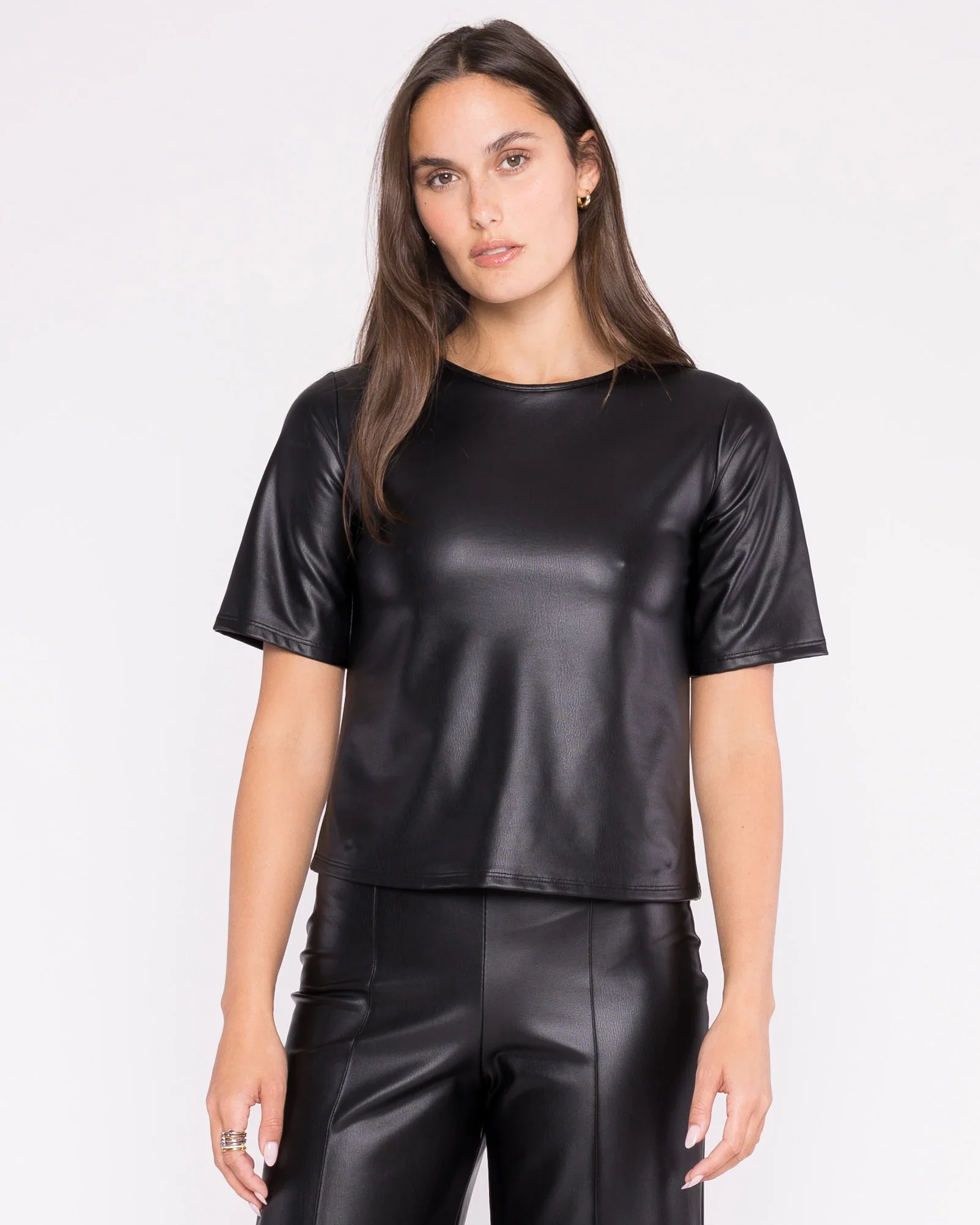 Vegan Leather Short Sleeve Top | Black